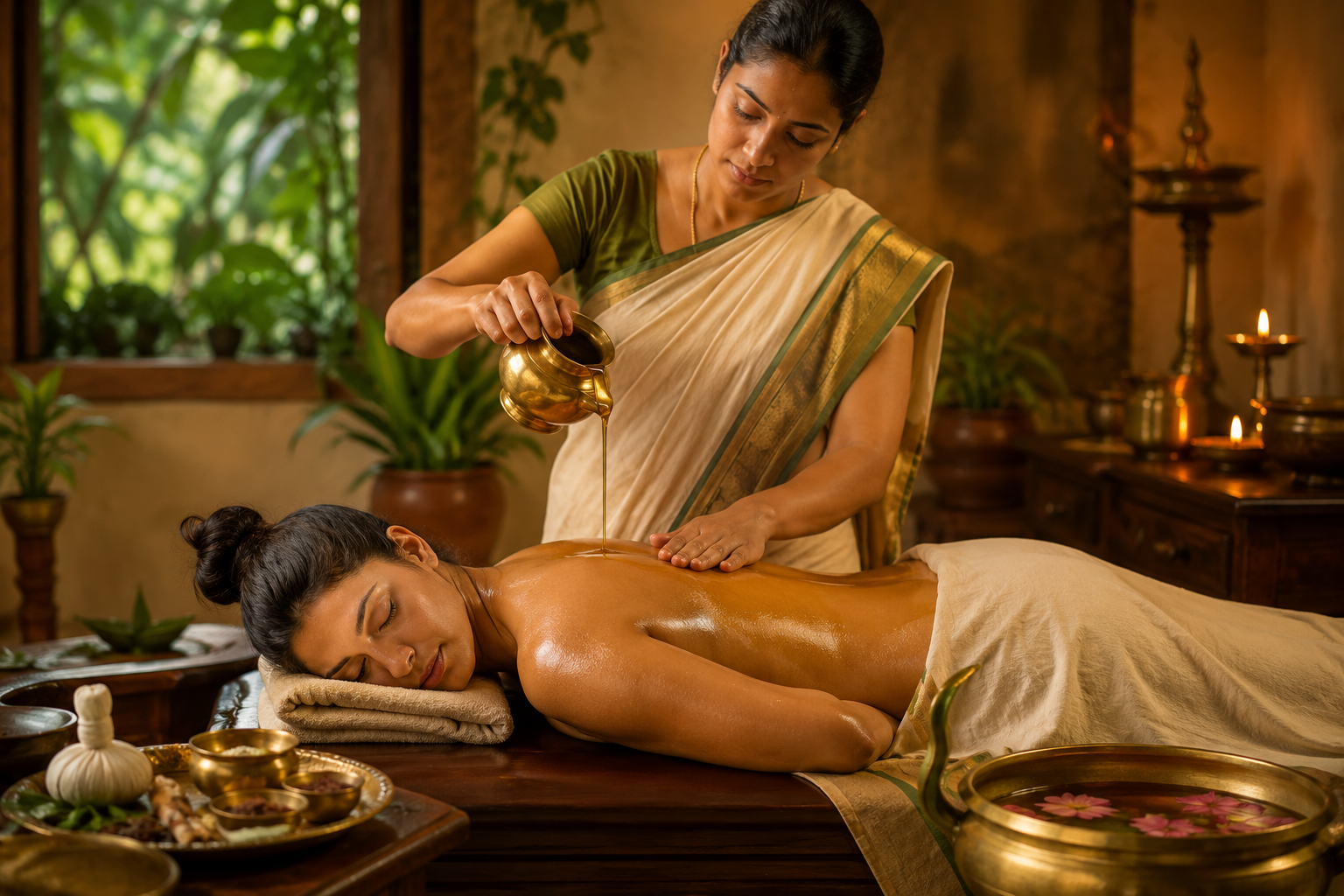Ayurvedic massage with warm herbal oil therapy at 4M Spa Nungambakkam Chennai